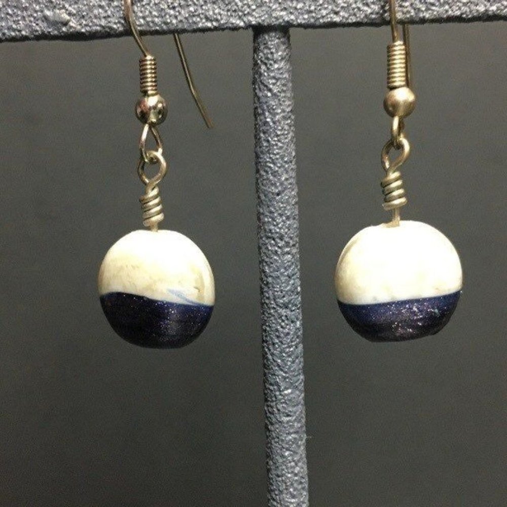 Dangle Pierced Glass Earrings White Swirl  Blue Gold Sparkle Silver Retro BoHo